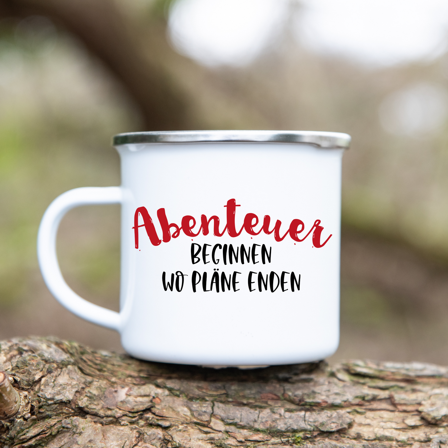 Abenteuer beginnen wo Pläne enden - Emaille Tasse (Silber)
