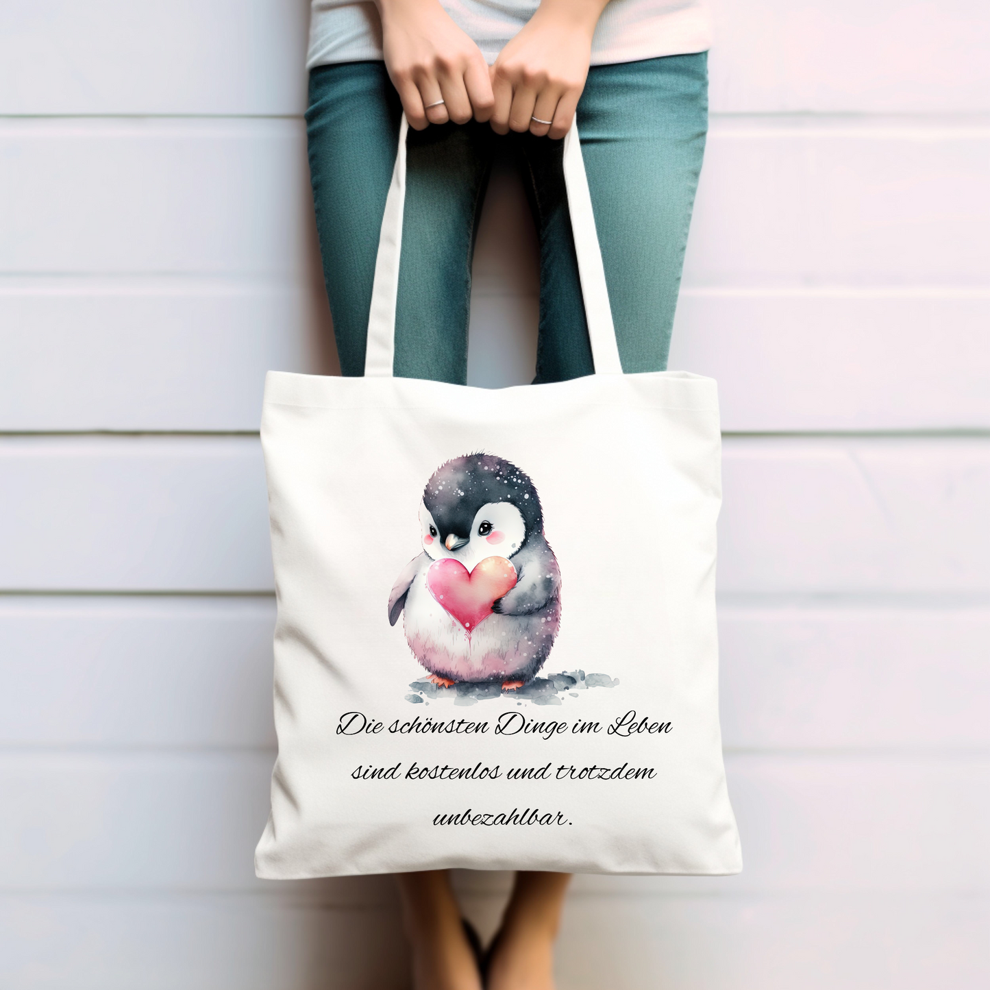 Pinguin, die schönsten Dinge im Leben sind kostenlos - Baumwolltasche