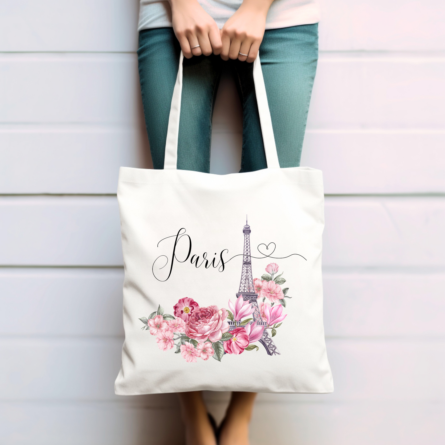 Paris, Eifelturm, Blumen rosa - Baumwolltasche
