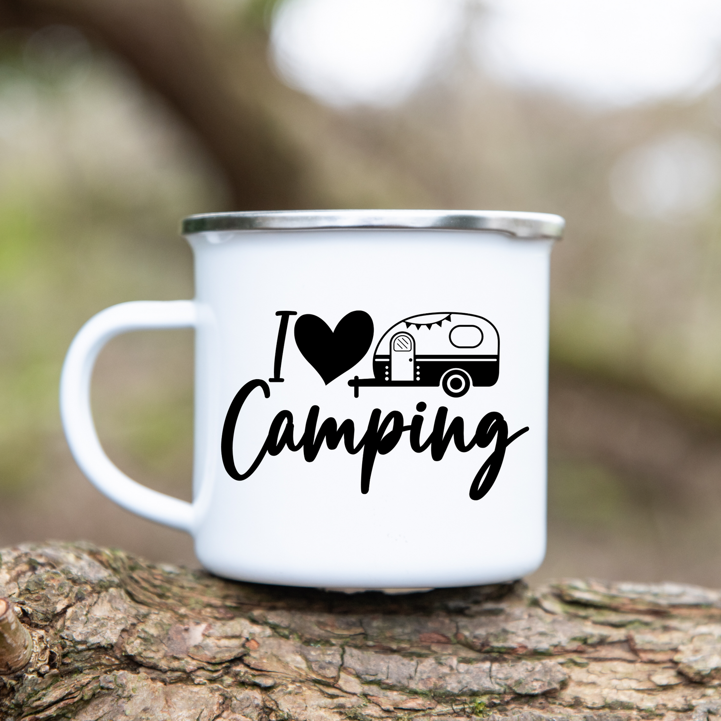 I love camping - Emaille Tasse (Silber)