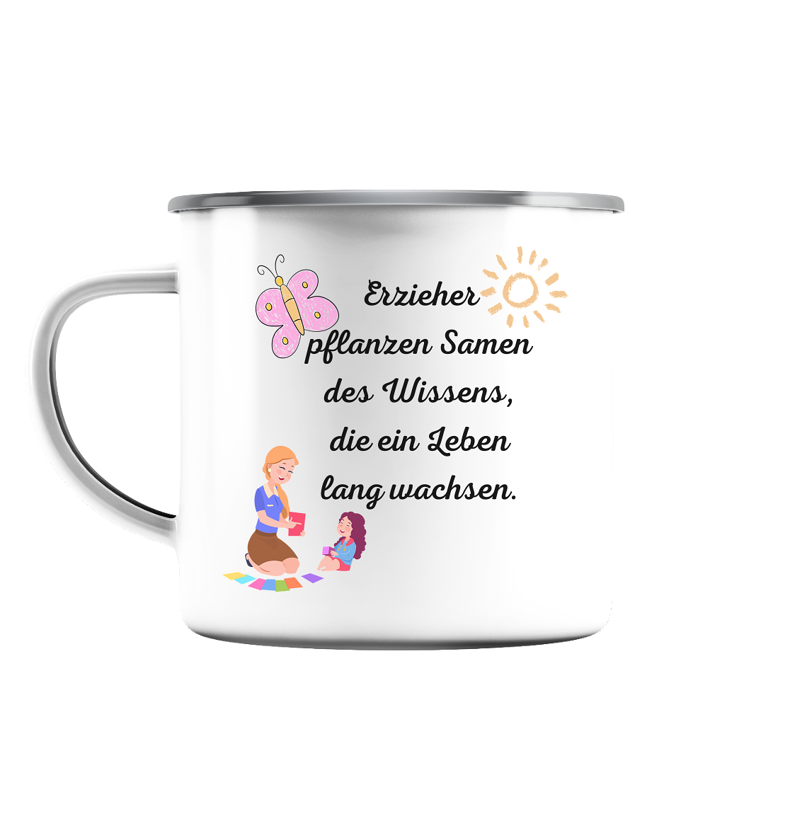 Abschiedsgeschenk Kindergarten, Erzieher - Emaille Tasse (Silber)