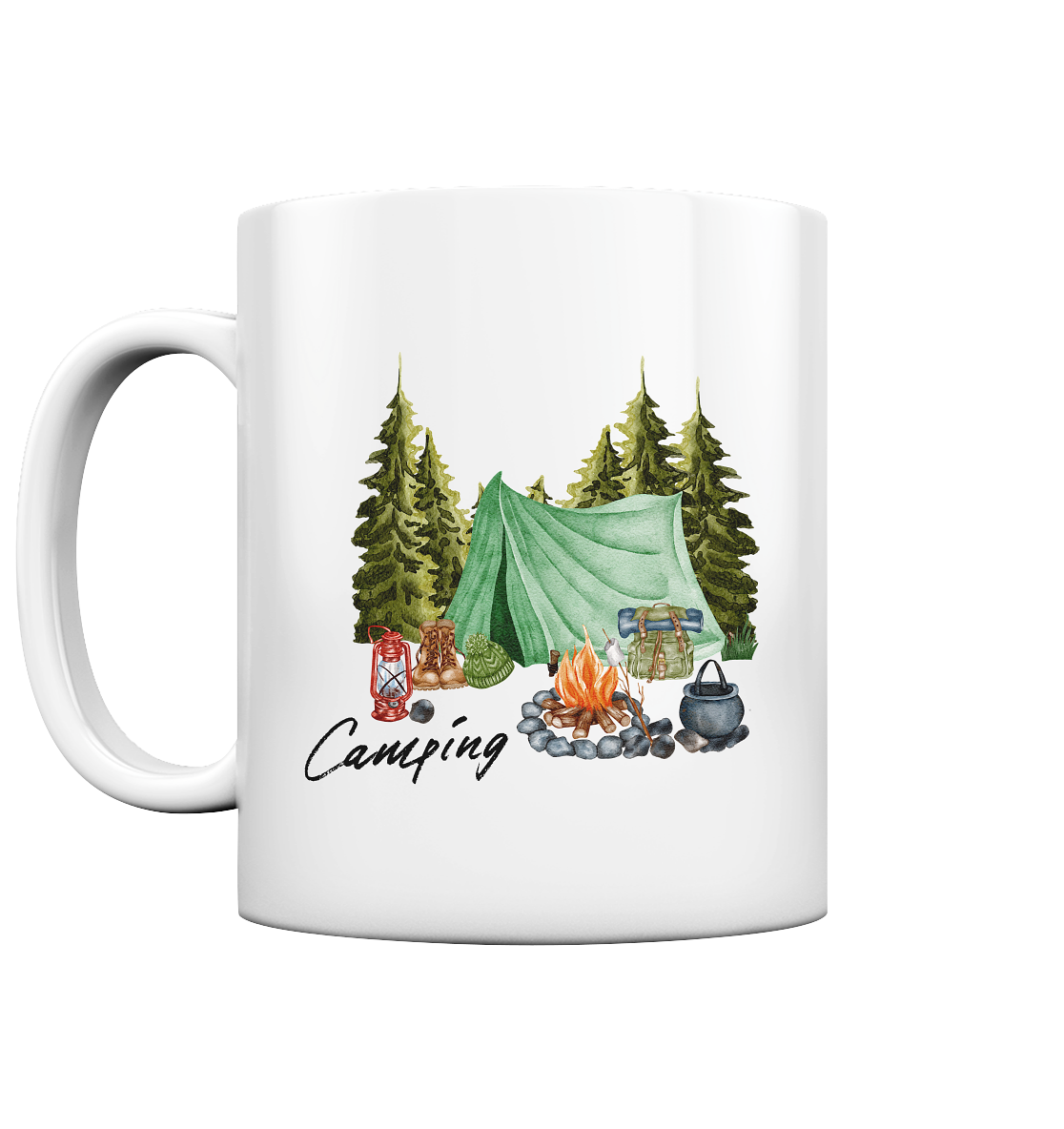 Camping, Zelt, Wald, Lagerfeuer - Tasse glossy