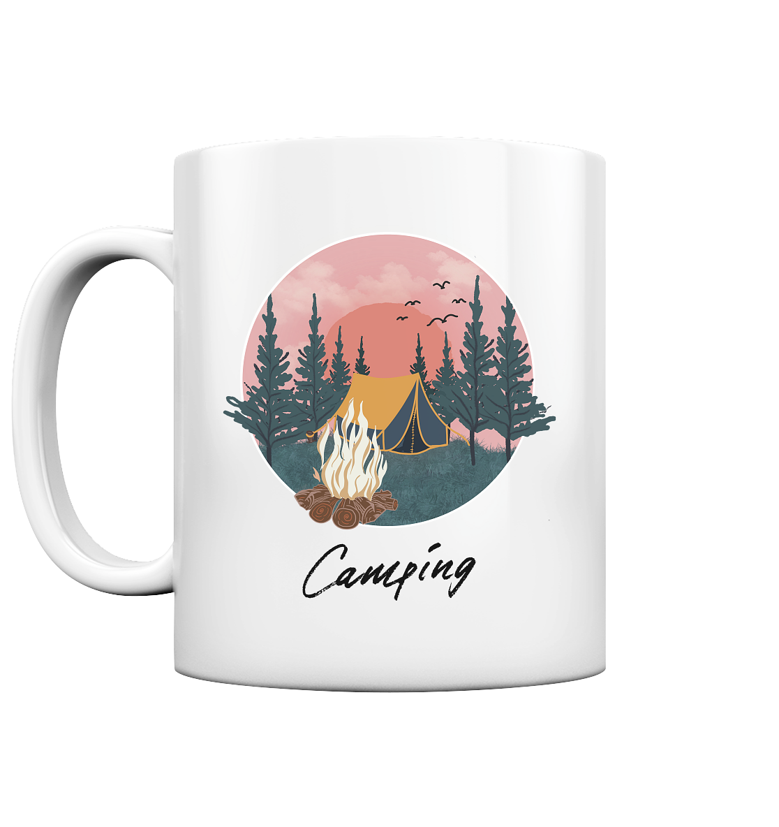 Camping, Zelt, Lagerfeuer, Wald - Tasse glossy
