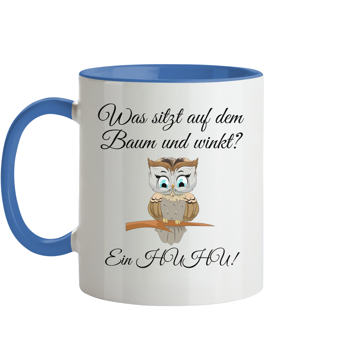 Was ist auf dem Baum und winkt? Ein Huhu - Tasse zweifarbig