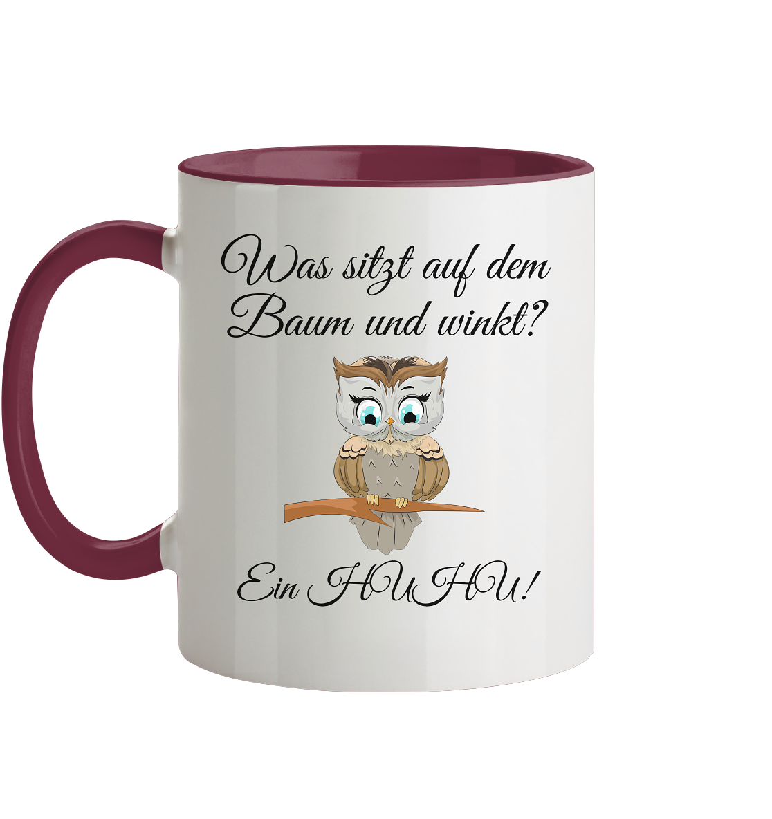 Was ist auf dem Baum und winkt? Ein Huhu - Tasse zweifarbig
