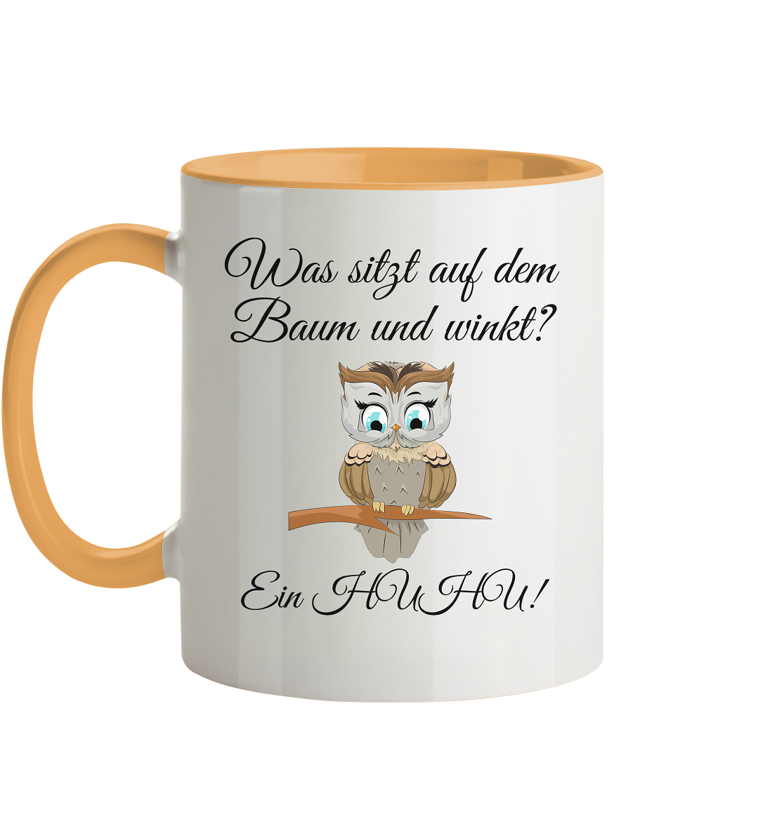 Was ist auf dem Baum und winkt? Ein Huhu - Tasse zweifarbig