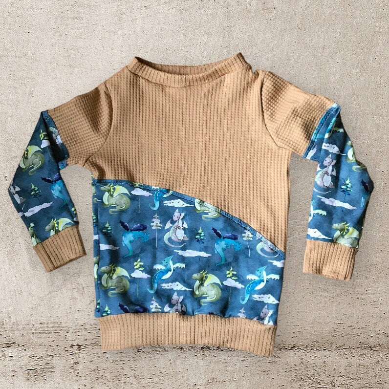 Gr. 98 -Hoodie / Pullover, Drachen, Senfgelb, blau