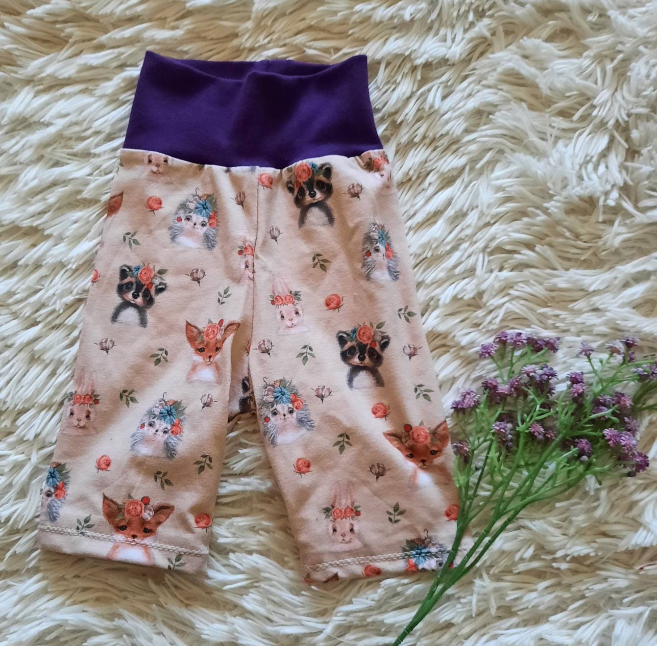 Größe 98/104 Kurze Hose, Radlerhose, Waldtiere, Waschbär, Igel, Fuchs