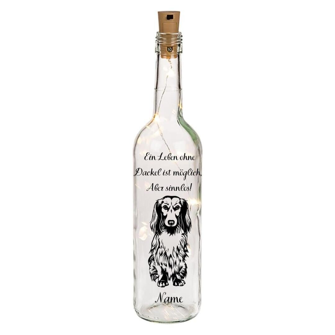 Leuchtflaschen Dackel, individuell mit Name, Hund, Hunde,