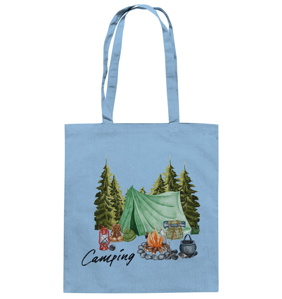 Camping, Zelt, Wald, Lagerfeuer - Baumwolltasche