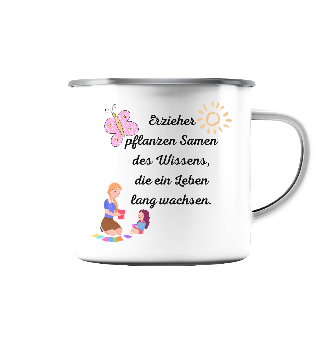 Abschiedsgeschenk Kindergarten, Erzieher - Emaille Tasse (Silber)