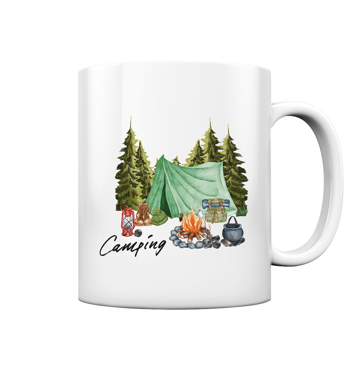 Camping, Zelt, Wald, Lagerfeuer - Tasse glossy