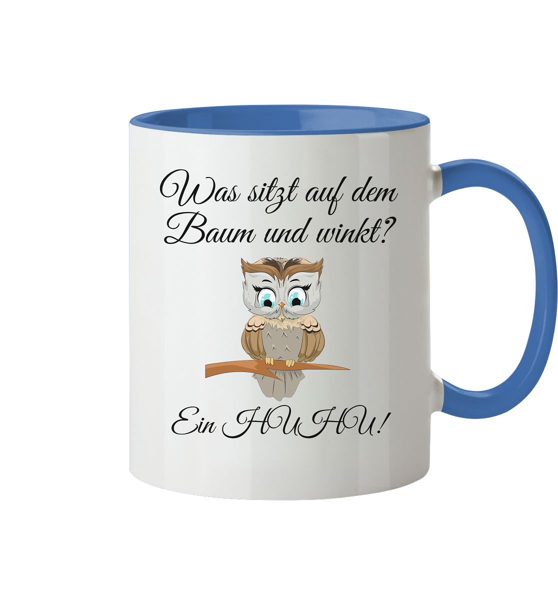 Was ist auf dem Baum und winkt? Ein Huhu - Tasse zweifarbig