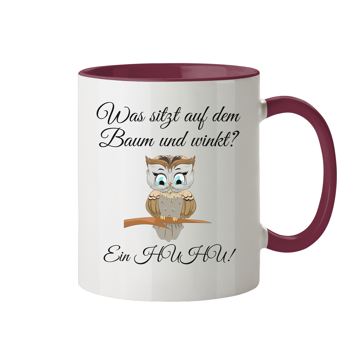 Was ist auf dem Baum und winkt? Ein Huhu - Tasse zweifarbig
