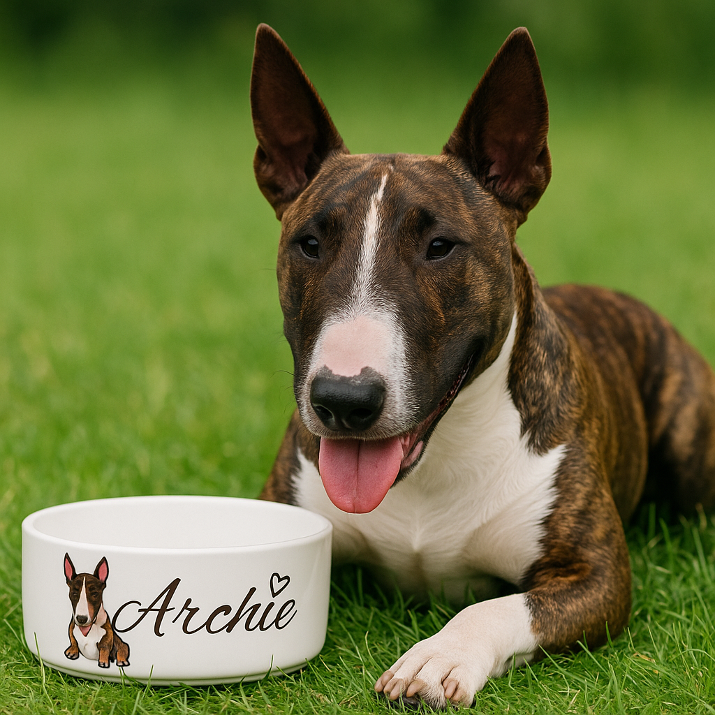 Keramik-Futternapf für Hunde und Katzen mit Motiv und Name, Bullterrier, Miniatur Bullterrier