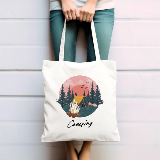 Camping, Zelt, Lagerfeuer, Wald  - Baumwolltasche
