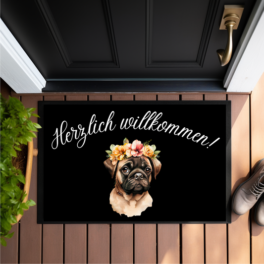 Fußmatte, Mops, herzlich willkommen  - Fußmatte 60x40cm