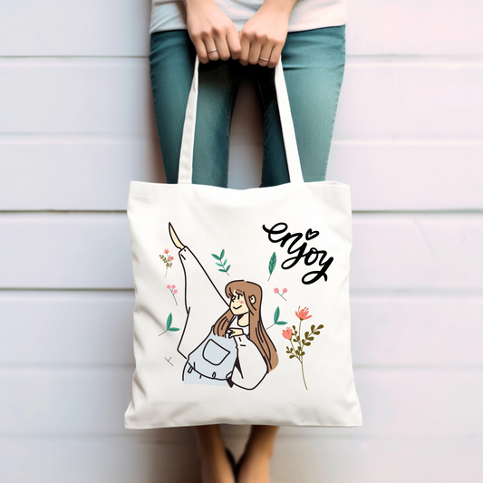 Stoffbeutel, Enjoy, Blumen, Mädchen  - Baumwolltasche