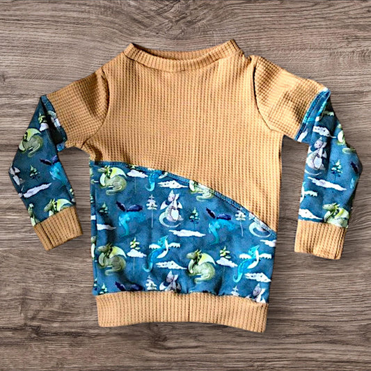 Gr. 98 -Hoodie / Pullover, Drachen, Senfgelb, blau