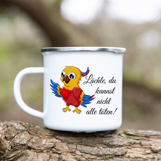 Lächle, du kannst nicht alle töten! - Emaille Tasse (Silber)