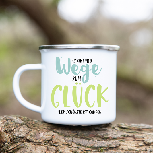 Es gibt viele Wege zum Glück der schönste ist Campen  - Emaille Tasse (Silber)