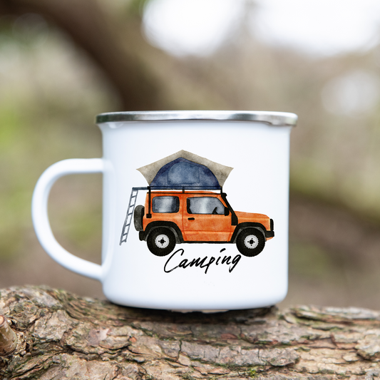 Camping, Dachzelt, Jeep - Emaille Tasse (Silber)