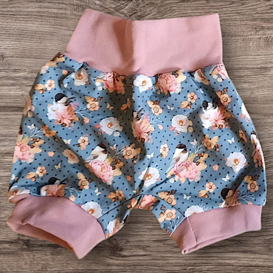 Größe 80/92, Kurze Hose, Pumphose, Jersey, Blumen, Vögel