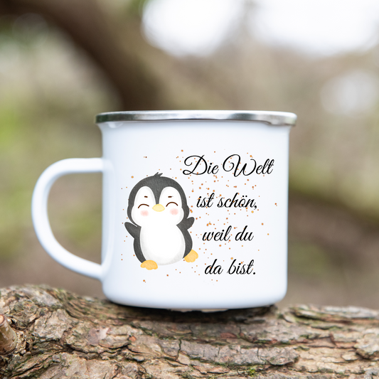 Die Welt ist schön, weil du da bist. Pinguin - Emaille Tasse (Silber)