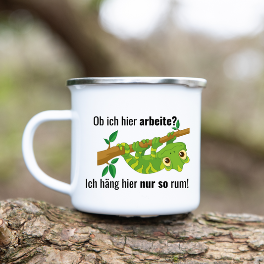 Ich hänge hier nur so rum! - Emaille Tasse (Silber)