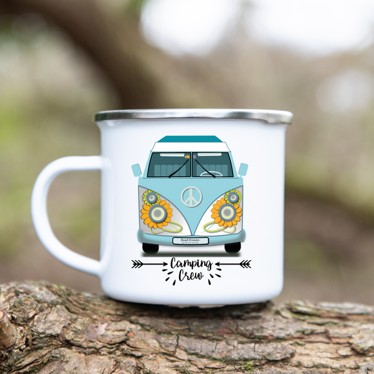 Camping Crew, Bulli, Van, Vanlife - Emaille Tasse (Silber)