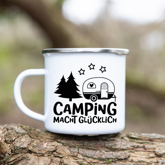Camping macht glücklich  - Emaille Tasse (Silber)