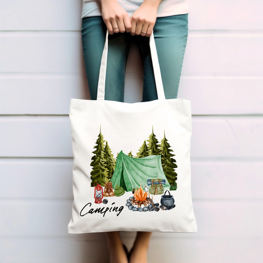 Camping, Zelt, Wald, Lagerfeuer  - Baumwolltasche