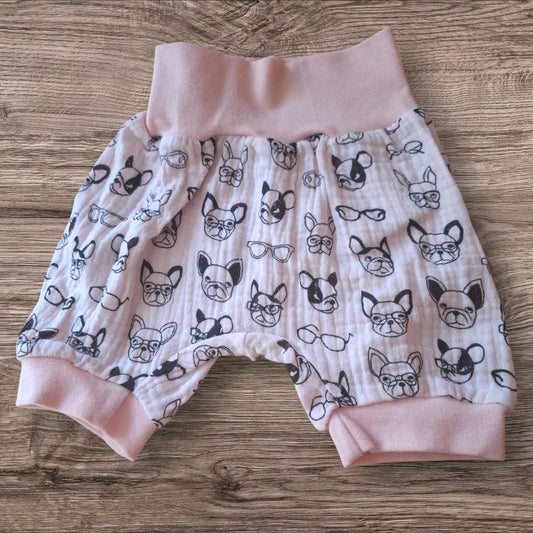 Größe 68/74 kurze Pumphose, Musselin, französische Bulldoggen, rosa