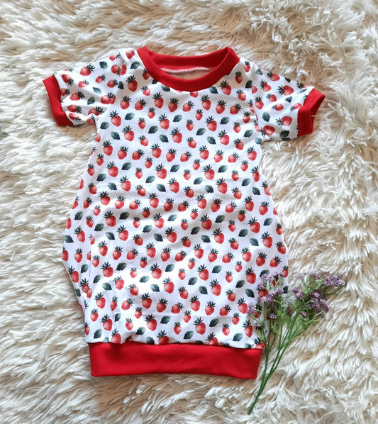 Größe  104 -Süßes Ballonkleid kurzärmlig, weiß, rot, Erdbeeren,  Jersey