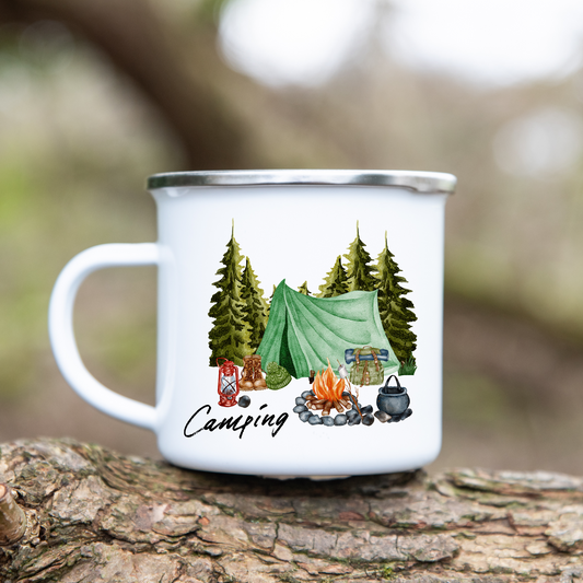 Camping, Zelt, Wald, Lagerfeuer  - Emaille Tasse (Silber)