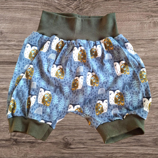 Größe 98/104, Kurze Hose, Pumphose, Jersey, Eule, blau, braun
