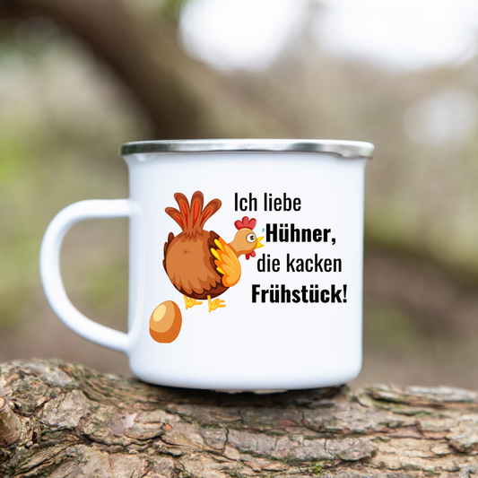 Ich liebe Hühner, die kacken Frühstück! - Emaille Tasse (Silber)