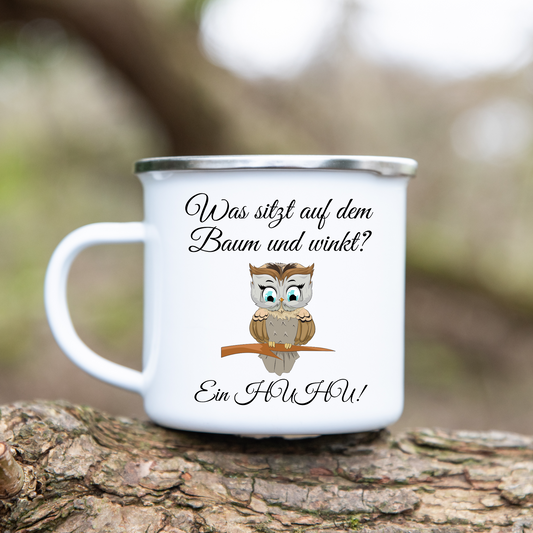 Was ist auf dem Baum und winkt? Ein Huhu - Emaille Tasse (Silber)