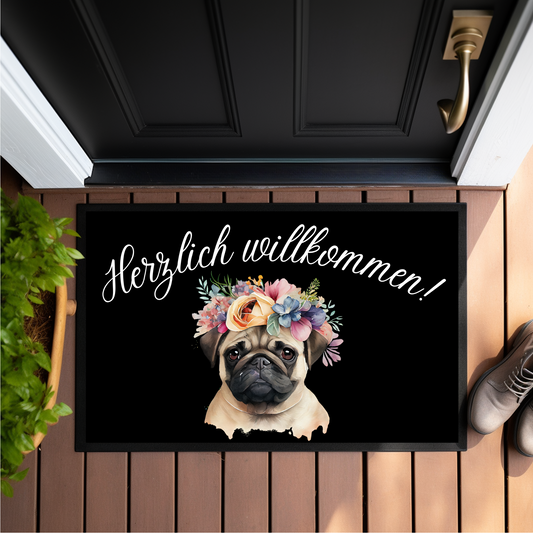 Fußmatte, Mops, herzlich willkommen  - Fußmatte 60x40cm