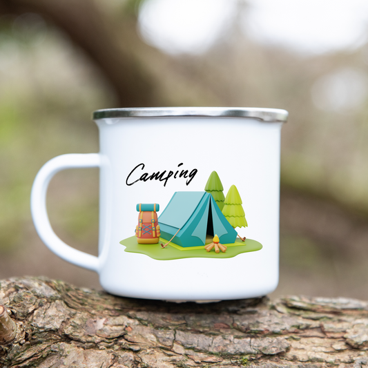 Camping, Zelt - Emaille Tasse (Silber)