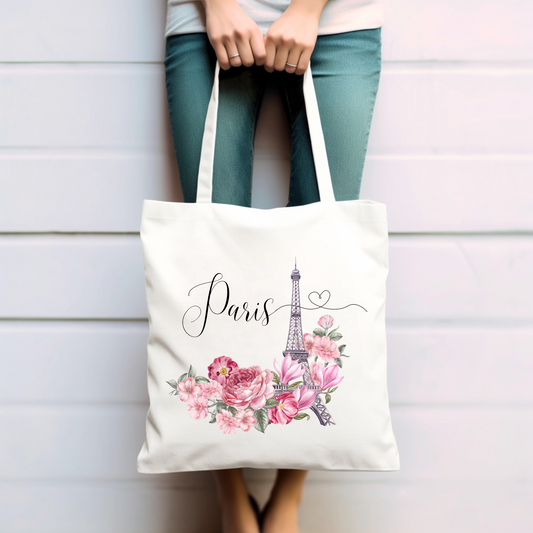 Paris, Eifelturm, Blumen rosa - Baumwolltasche