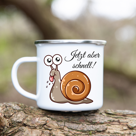 Jetzt aber schnell! Schnecke  - Emaille Tasse (Silber)