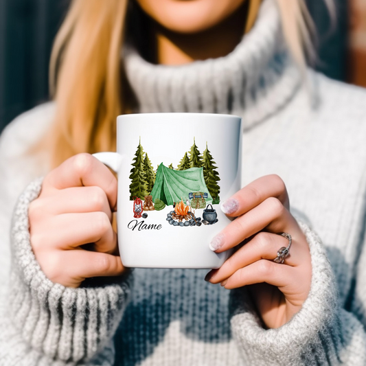 Camping, Zelt, Wald, Lagerfeuer  - Tasse glossy