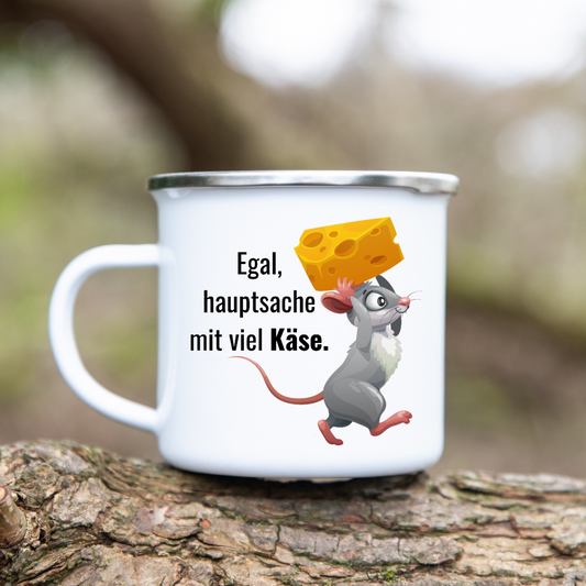 Egal, Hauptsache mit viel Käse. - Emaille Tasse (Silber)