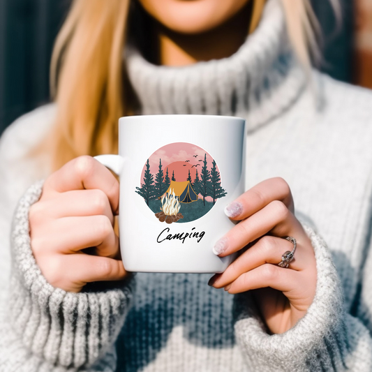 Camping, Zelt, Lagerfeuer, Wald  - Tasse glossy