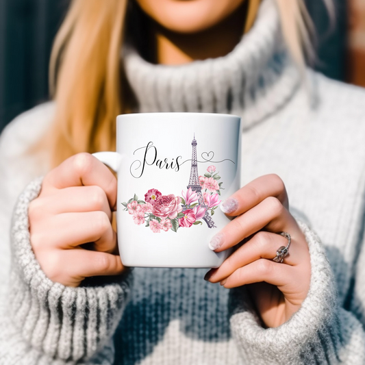 Paris, Eifelturm, Blumen rosa - Tasse glossy