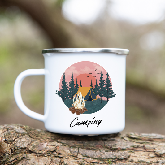 Camping, Zelt, Lagerfeuer, Wald  - Emaille Tasse (Silber)