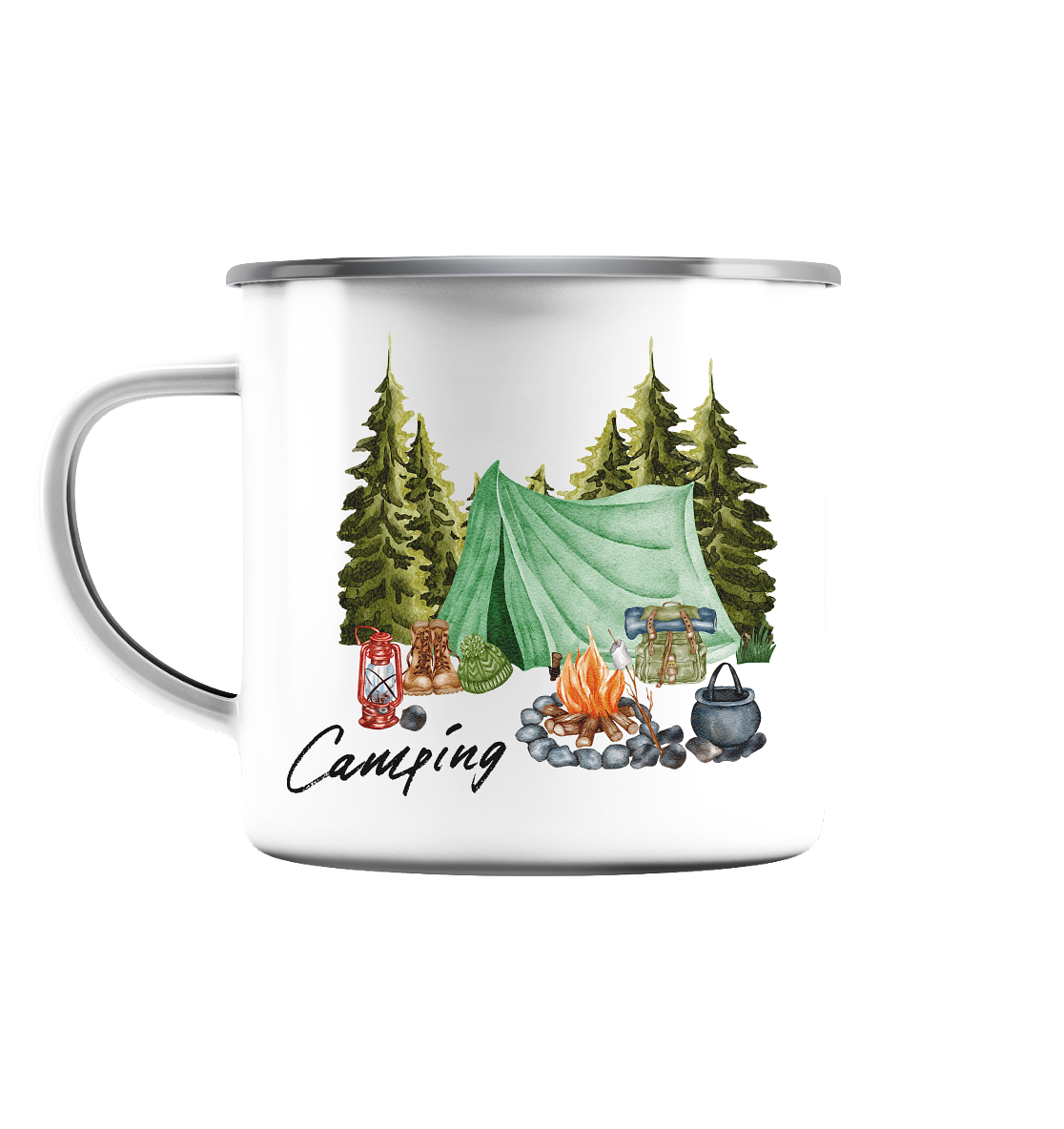 Camping, Zelt, Wald, Lagerfeuer  - Emaille Tasse (Silber)