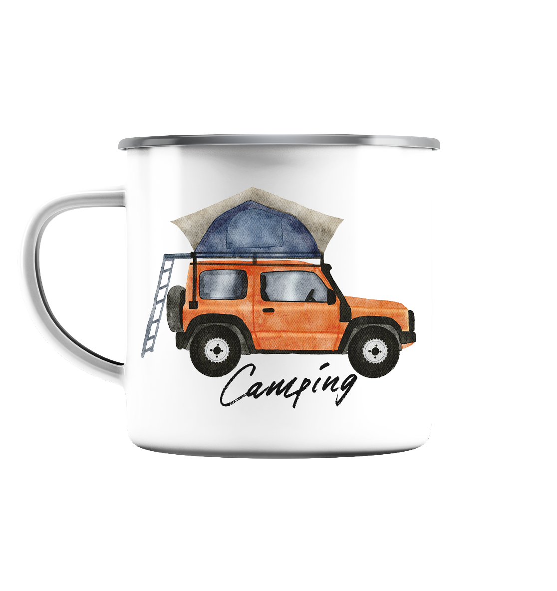 Camping, Dachzelt, Jeep - Emaille Tasse (Silber)