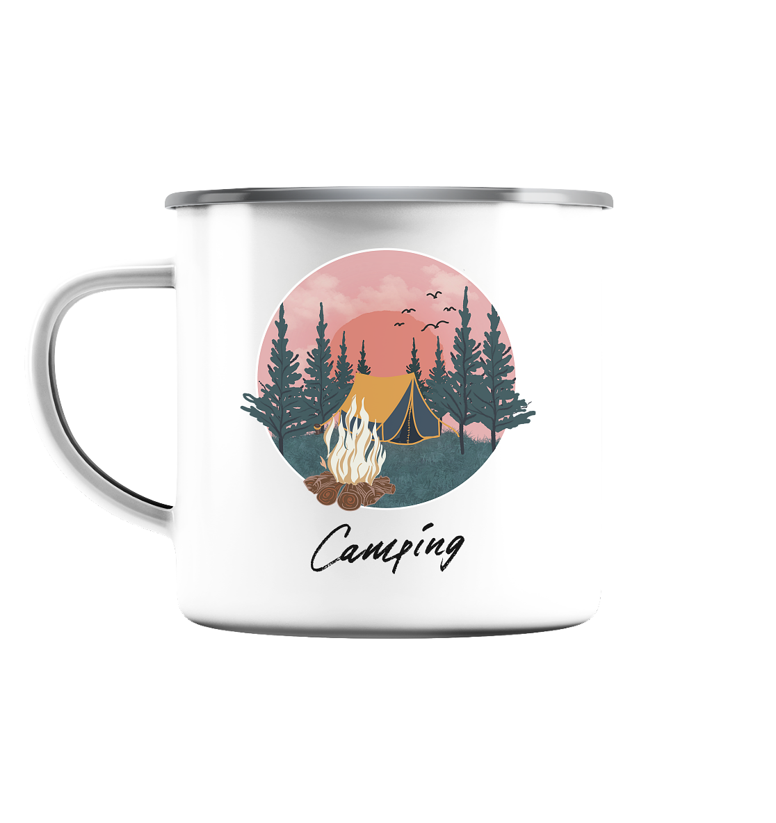Camping, Zelt, Lagerfeuer, Wald  - Emaille Tasse (Silber)